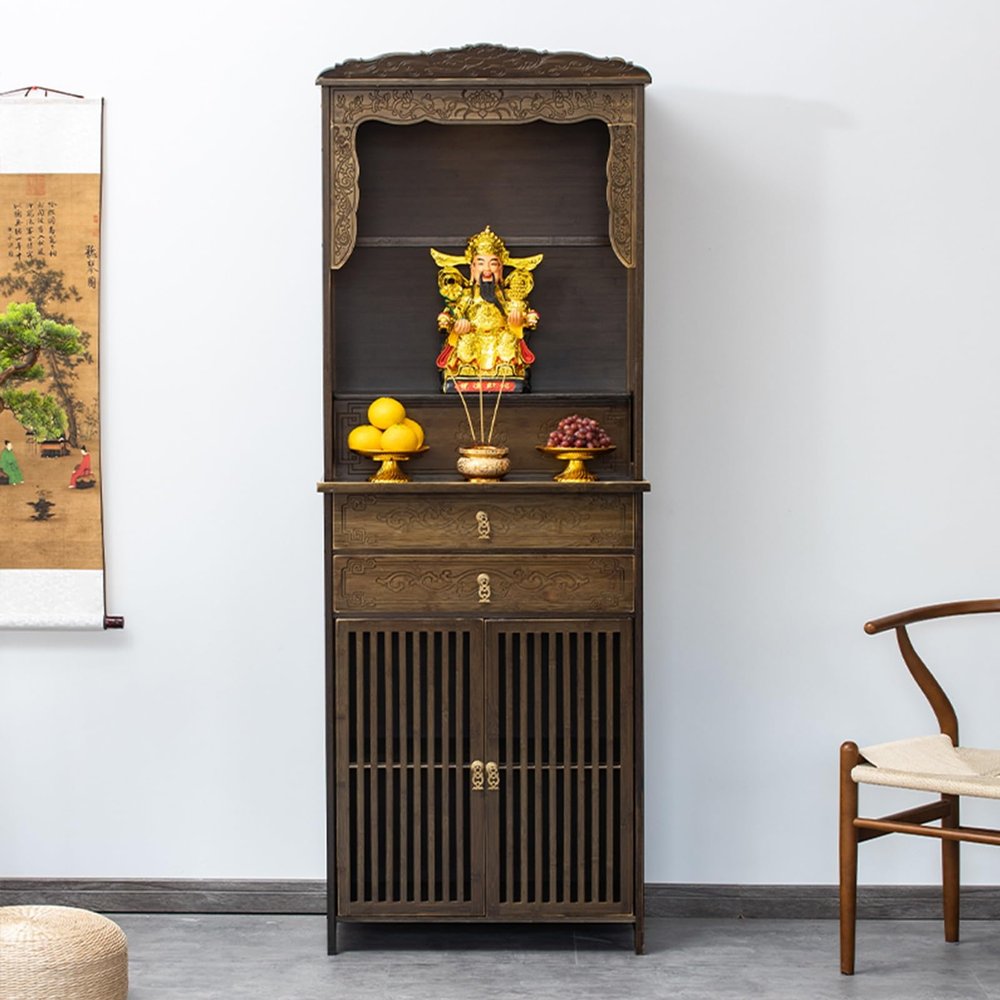 HPIRFYE Standing Altar Cabinet with Storage Rack, Home Decor Offering Display, Chinese Buddhist Shrine for Meditation