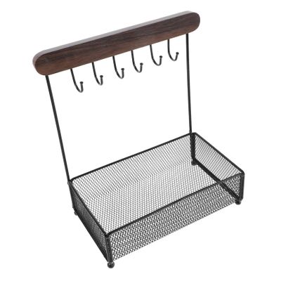 Cabilock Jewelry Display Shelf Black Iron Wood with Hooks for Desk