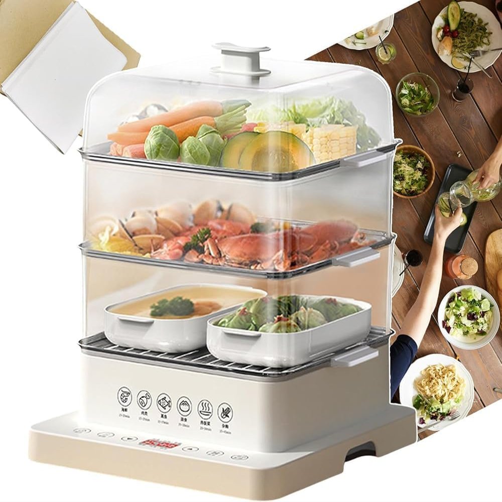 3-Tier Foldable Electric Steamer 360 Steam Cycle, Detachable Heater, 12-Hour Auto Keep Warm, Ideal for Meat & Versatile Cooking