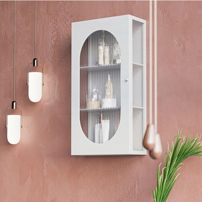 Floating Wall Cabinet, Metal Medicine Cabinet with Glass Door, Over-The-Toilet Storage, Wall-Mounted Bathroom Organizer with Doors for Cosmetics & Essentials
