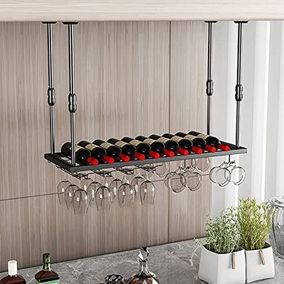 Adjustable Hanging Wine Rack Vintage Wrought Iron Floating Rack Retro Country Style Kitchen Restaurant Bar Wine Cellar Storage Expandable Width and Height 100/120cm Lengt