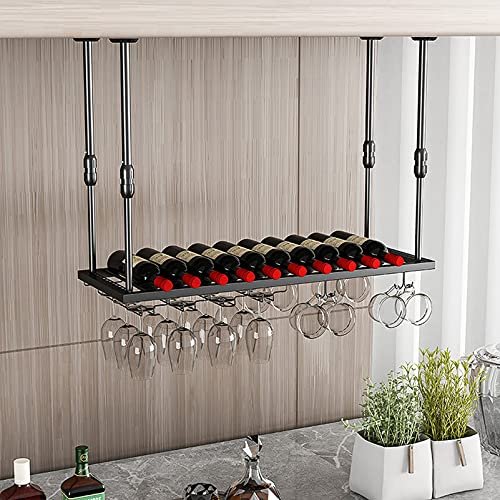 Adjustable Hanging Wine Rack Vintage Wrought Iron Floating Rack Retro Country Style Kitchen Restaurant Bar Wine Cellar Storage Expandable Width and Height 100/120cm Lengt