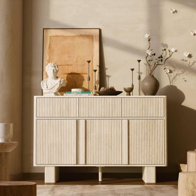 ALLHOMWIE 47" Wide Sideboard Buffet Cabinet with Storage, Modern Buffet with 3 Drawers and 3 Doors, Storage Cabinet with 2 Reinforced Legs for Kitchen, Living Room, Whitewashed Oak