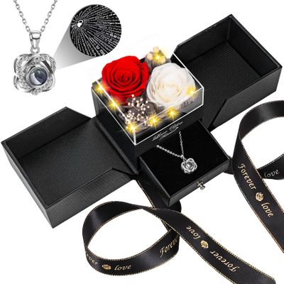 2 Preserved Real Rose with Heart I Love You Necklace- Eternal Rose Birthday Gifts for Women Wife Girlfriend Her Mom Grandma on Festivals Gifts Christmas Valentines Mothers Day Anniversary-Red White