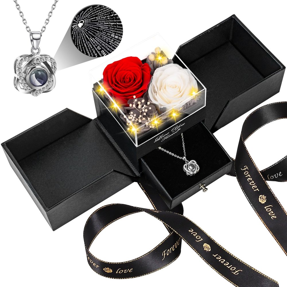 2 Preserved Real Rose with Heart I Love You Necklace- Eternal Rose Birthday Gifts for Women Wife Girlfriend Her Mom Grandma on Festivals Gifts Christmas Valentines Mothers Day Anniversary-Red White