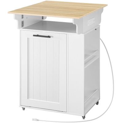 HOOBRO Kitchen Island with Trash Can Storage, Rolling Kitchen Island with Drop Leaf Countertop, Island Table with Power Outlet & Spice Rack, for 10 Gallon Garbage Bin, White and Natural WN33UZD01