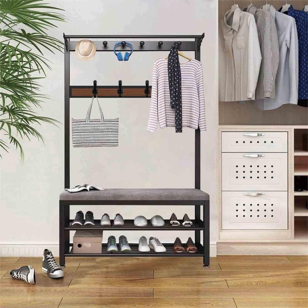 4-in-1 Hall Tree With Bench, Multifunctional Entryway Organizer, Coat Rack, Shoe Storage, For Entryway, Hallway, Mudroom(100 * 32 * 170cm)