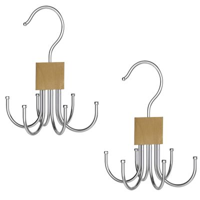 2 Piece Multifunctional Hook, Multi Claw Bag Storage Hook, Tie Multi-Functional Rotating 6-Prong Hook for Scarves, Belts, Home Storage (Wood Color)