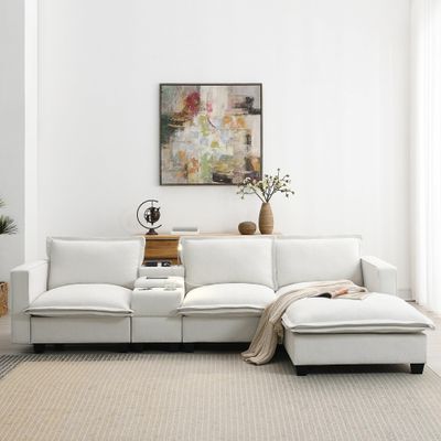 109 * 57 Modern Combo Cloud Sofa with Console, USB Charger, Reading Lights, Cup Holder, Wide Seats, 4-Seater Chenille Modular Sofa,Comfort and Safety