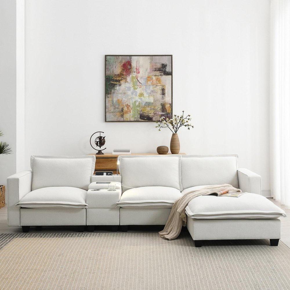 109 * 57 Modern Combo Cloud Sofa with Console, USB Charger, Reading Lights, Cup Holder, Wide Seats, 4-Seater Chenille Modular Sofa,Comfort and Safety