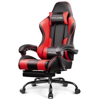 GTPLAYER Gaming Chair, Computer Chair with Footrest and Lumbar Support, Height Adjustable Game Chair with 360-Swivel Seat and Headrest and for Office or Gaming (Faux Leather, Red)