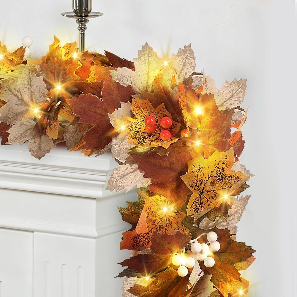 C APPOK Fall Garland String Lights for Thanksgiving Decorations, 50 LED 16.4Ft Lighted Autumn Leaves Garlands Decor, Fall Lights with Timer for Home Party Indoor Mantle