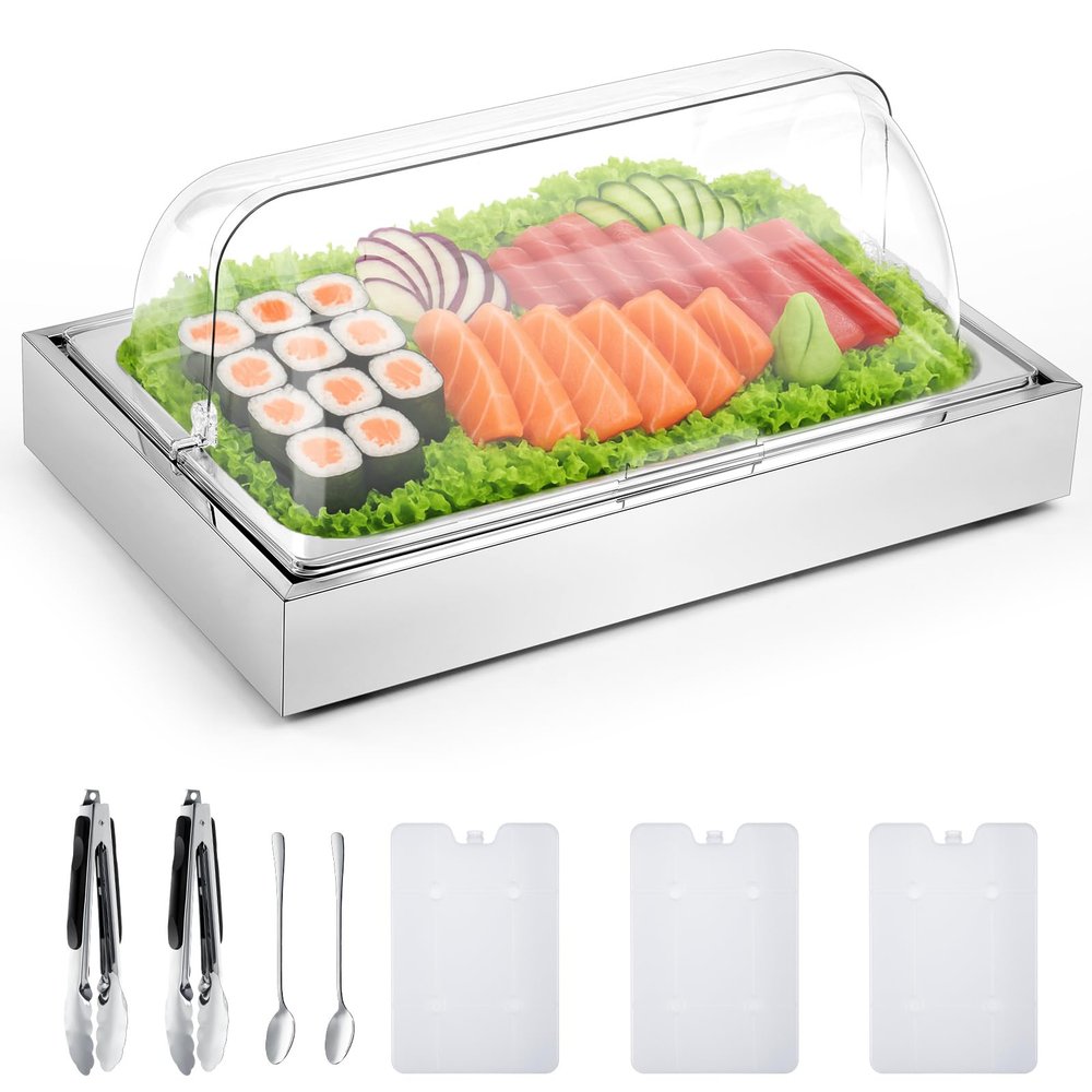 Uiifan Salad Bar Buffet Station for Home, Ice Food Serving Display Tray with Clear Roll Top Cover, Cold Food Buffet Server Trays with Clamps Spoons Ice Box for Restaurant Kitchen Party(Classic)