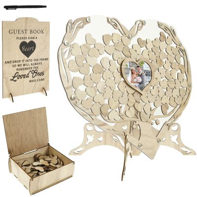 Wedding Guest Book Alternative, Rustic Wood Guest Book Wedding Reception Sign with Heart Picture Frame & 100 Wood Hearts Chips & Drop Box & Pen, Heart Guestbook Souvenirs Decor for Personalized Party