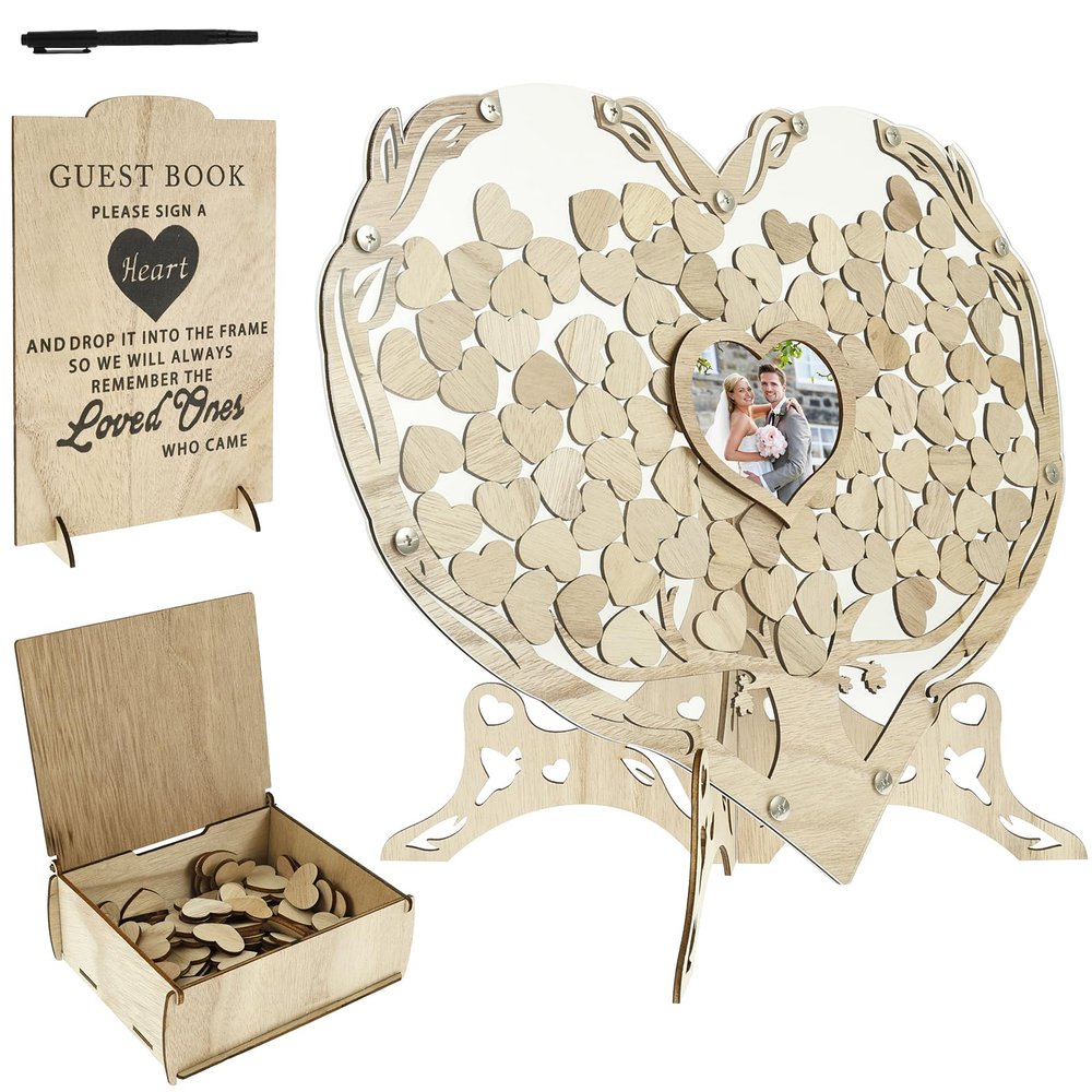 Wedding Guest Book Alternative, Rustic Wood Guest Book Wedding Reception Sign with Heart Picture Frame & 100 Wood Hearts Chips & Drop Box & Pen, Heart Guestbook Souvenirs Decor for Personalized Party