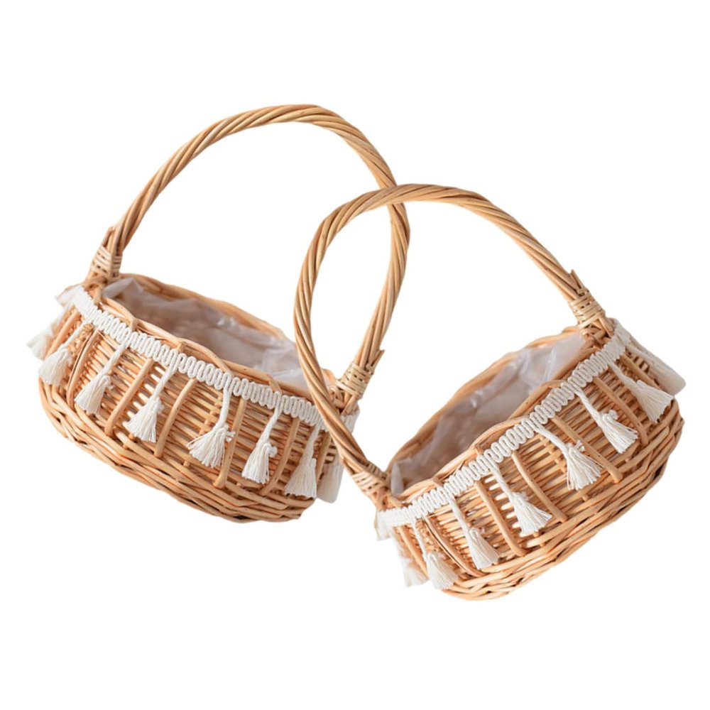 Zerodeko 2pcs Small Woven Rattan Flower Girl Baskets Handles Rustic Round Design 11cm Diameter for Weddings and Easter Decor