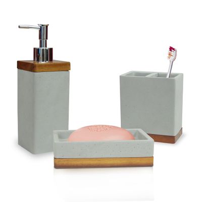 nu steel CON-346-SET3-VC nusteel Concrete,Made of Cement Bath Accessory Set for Vanity Countertops,3 Piece Luxury Ensemble Dish,Toothbrush Holder,soap and Lotion Pump,Grey Stone/Brown