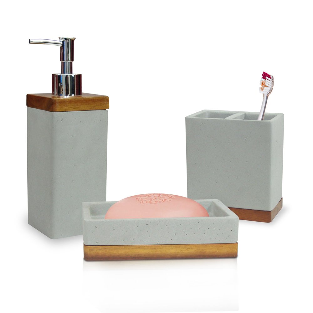 nu steel CON-346-SET3-VC nusteel Concrete,Made of Cement Bath Accessory Set for Vanity Countertops,3 Piece Luxury Ensemble Dish,Toothbrush Holder,soap and Lotion Pump,Grey Stone/Brown