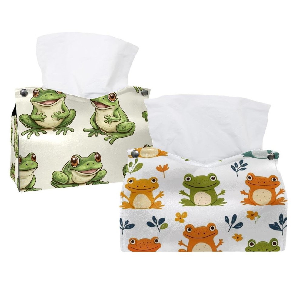 2 Pack Happy Frogs (2) Tissue Box Cover Leather Facial Tissue Dispenser Box Holder for Dresser Bathroom Decorative
