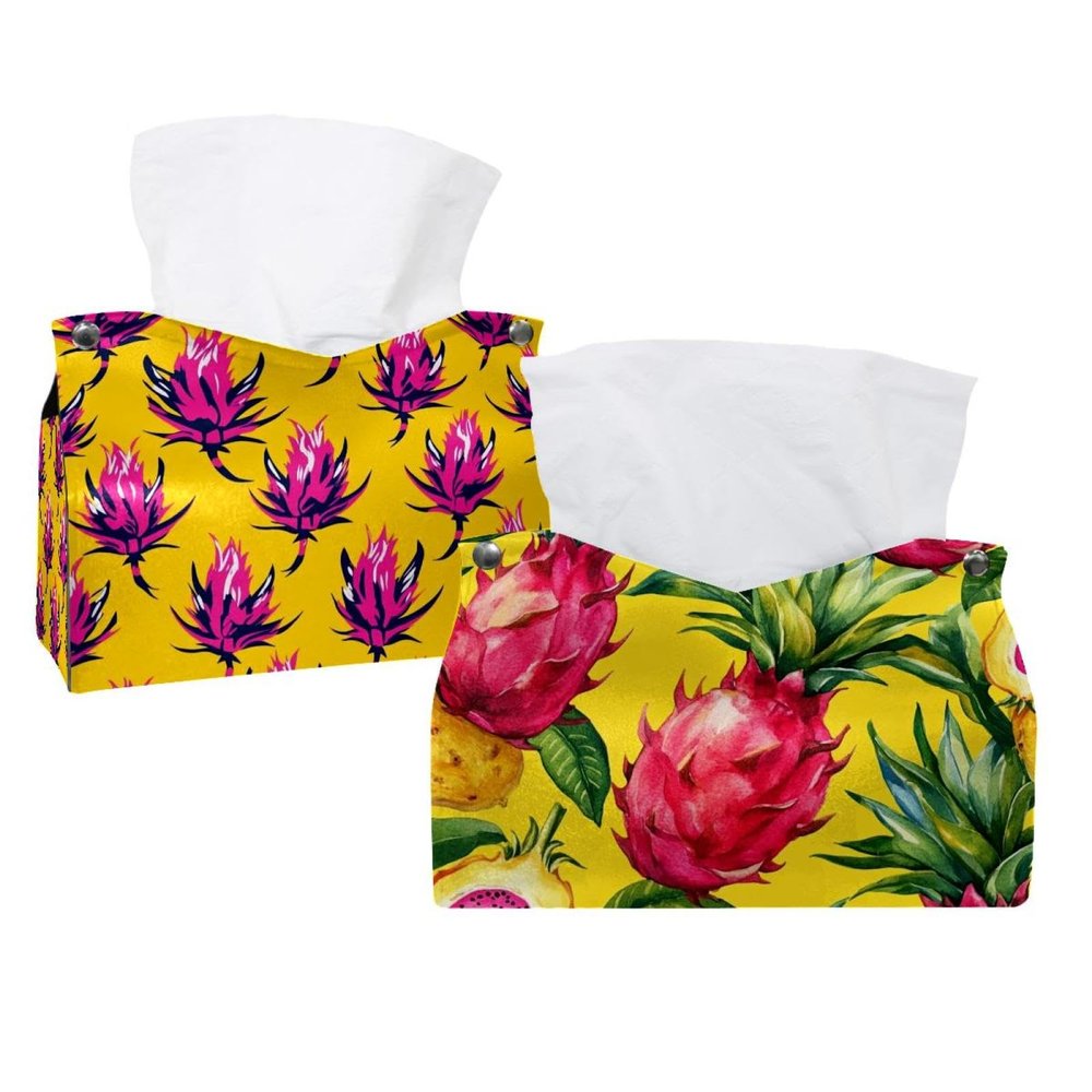 2 Pack Yellow Dragon Fruits Pitaya Tissue Box Cover, Facial Tissue Holder Storage for Bathroom Vanity, Dressers, Night Stand, Parlors and Offices