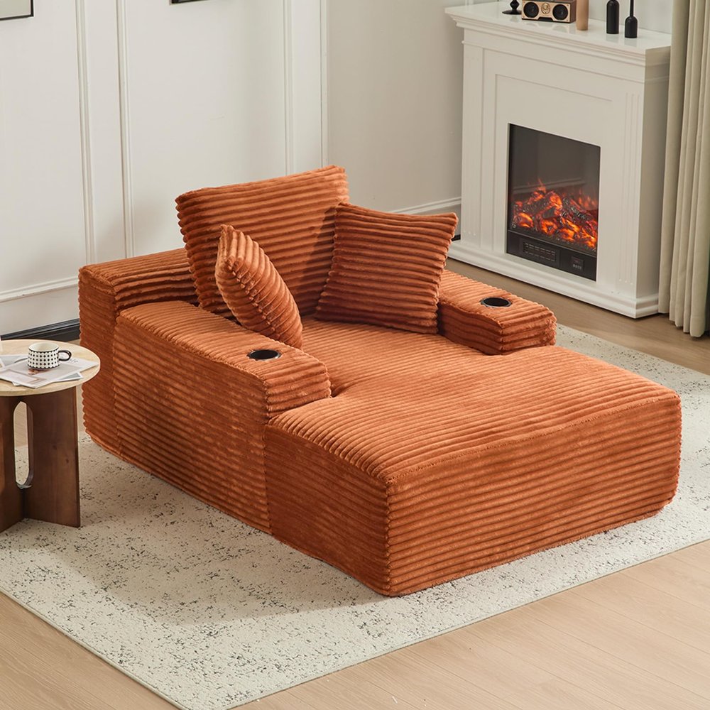 66" Oversized Chaise Lounge Sofa Chair Indoor, Modern Corduroy Single Sleeper Couch Chair with 3 Soft PillowsCup Holder, Boneless Cloud Couch Single Seat Sofa Bed for Living Room Office (Brown)