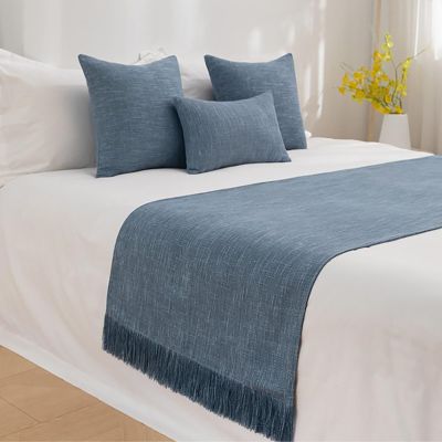 HFDJRWK Solid-Color Linen Bedding with Fringe, Hotel Bedspread with Solid-Color Bedspread and Bed Cover, Protects The Bedroom, Hotel Decor(Gray-Blue,50X180cm)