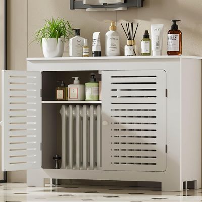 Modern Radiator Cover Louvered Grill Heater Heating Side Stand Cabinet, White Wall Heater Cover Radiator Shelf, Easy To Assemble/Storable, Hide Cluttered Pipes For Decorative Living Room Home(L39.4xH3