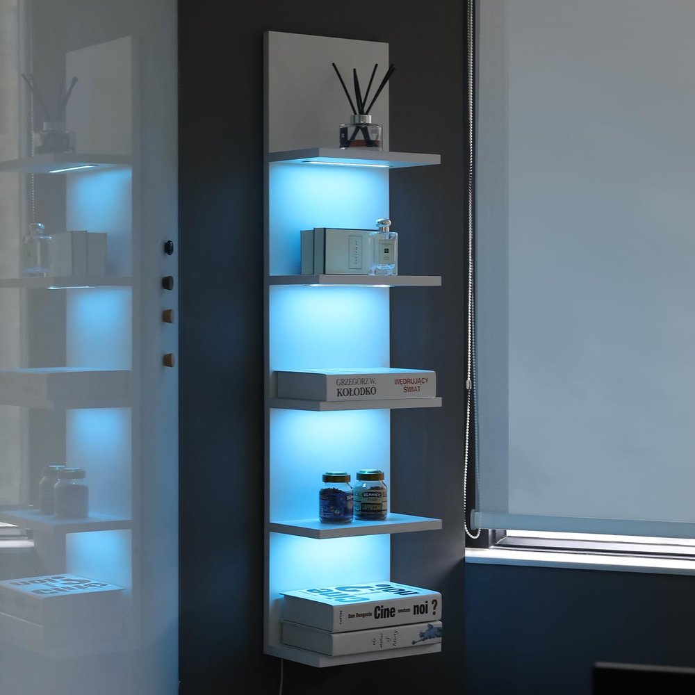 AskTag 5 Tier Wall Shelf Unit, RGB Lack Shelf, Vanity Shelves with Light,White Shelves for Room,Office,Bathroom,Remote Control