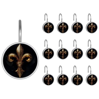 Fleur de Lis (11) Round Crystal Glass Decorative Shower Curtain Hooks with 3D Pattern Visual, Rust Proof Shower Curtain Rings-12 Pack