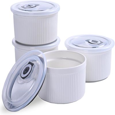 14 oz Ceramic Ramekins with Lids, Set of 4 Oven Safe Porcelain Creme Brulee Ramekins for Baking, Souffle, Pudding, Dessert, Dip, Leftovers & Food Storage, (White)