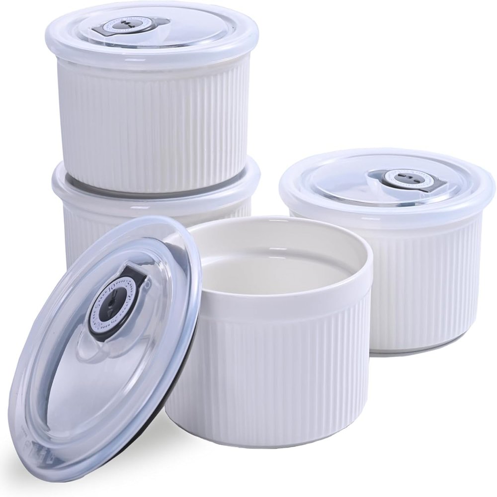 14 oz Ceramic Ramekins with Lids, Set of 4 Oven Safe Porcelain Creme Brulee Ramekins for Baking, Souffle, Pudding, Dessert, Dip, Leftovers & Food Storage, (White)