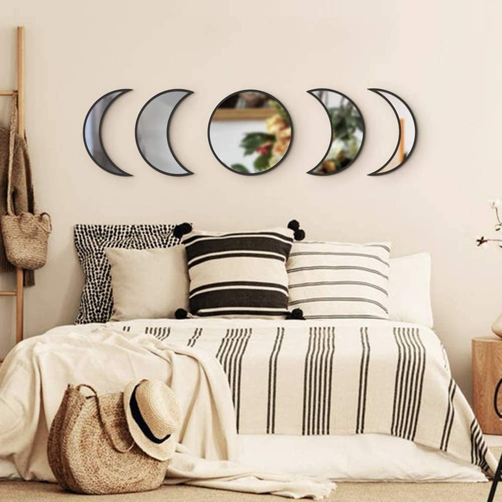 Akozon 5 Pcs Decor Acrylic Moonphase Mirrors - Bohemian Wall Decoration for Home Interior Design (Black)