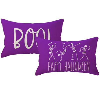 2pack Halloween Skeleton Decor Pillow Covers 12x20 Inch Happy Halloween Skull/Boo Cushion Covers Farmhouse Funny Skull Decorative Rectangular/Lumbar Pillowcases for Sofa/Couch/Porch (Purple)