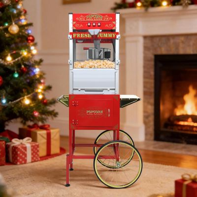20oz Popcorn Machine with Cart, Wheels & Stainless Steel Kettle, 110v/1440w, Vintage Movie Theater Style, Popcorn Maker Machine for Parties, Events, Home & Commercial Use, Red