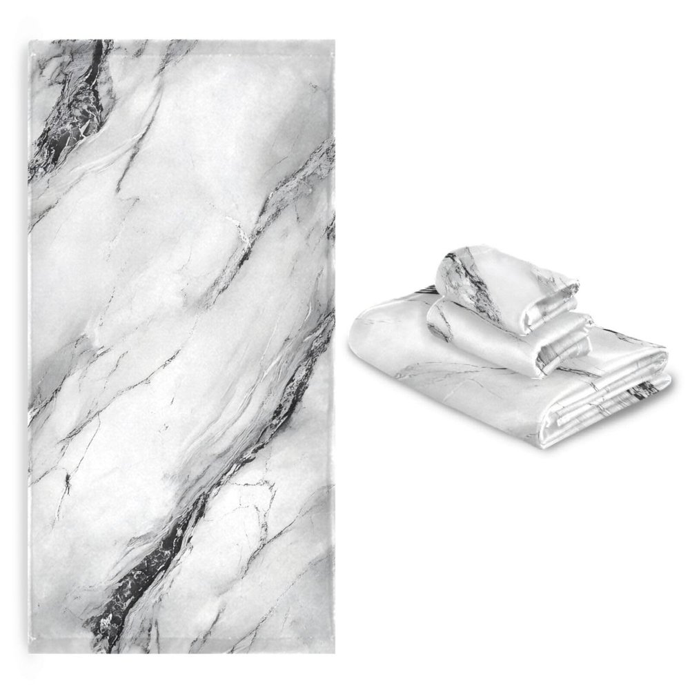 ALAZA White Marble with A Hint of Black Pattern Bath Towels Set 3 Piece 1 Bathroom Towels 1 Hand Towel 1 Washcloth Soft Luxury Face Towel for Beach Bathroom Decor