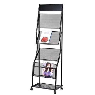 TBLOTYD Magazine Rack Magazine Stand Outdoor Trifold Brochure Stand Magazine Holder, Metal 4 Pockets Display Rack with Wheels, Floor Newspaper Information Rack for Exhi,Black