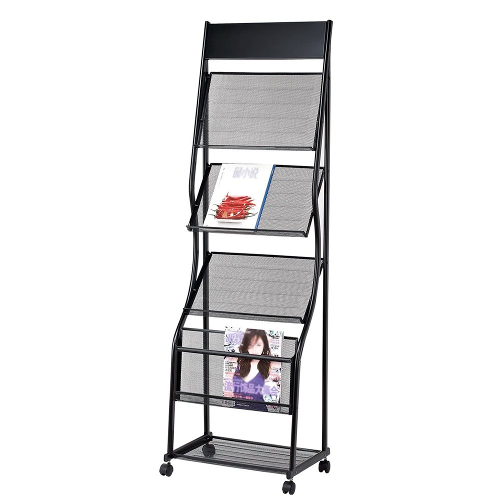 TBLOTYD Magazine Rack Magazine Stand Outdoor Trifold Brochure Stand Magazine Holder, Metal 4 Pockets Display Rack with Wheels, Floor Newspaper Information Rack for Exhi,Black