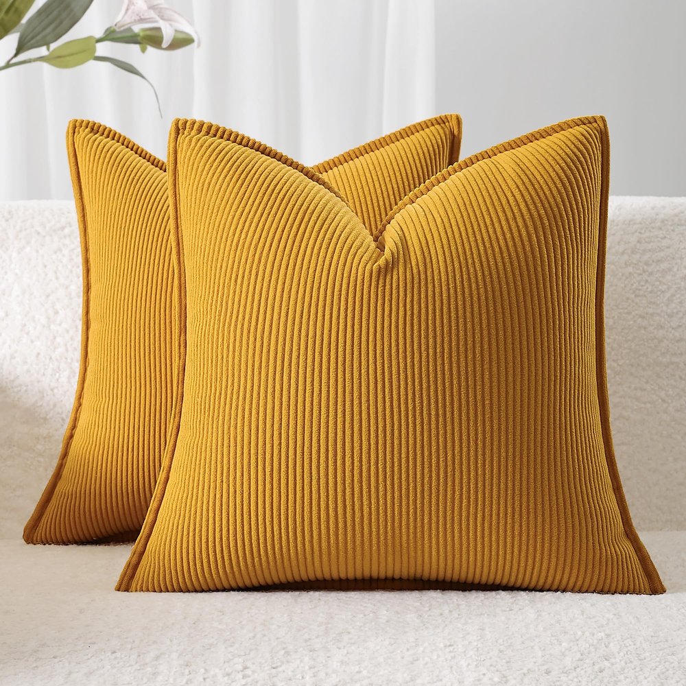 Ailuteie Corduroy Throw Pillow Covers 20x20 Set of 2  Boho Decorative Pillow Covers for Couch, Sofa, Bed  Soft Square Cushion Covers for Living Room Decor (No Insert) Mustard