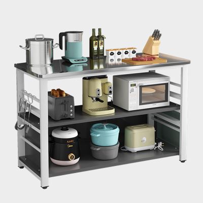 Microwave Stand with Open Shelves, Stainless Steel Kitchen Rack, Durable Baker's Rack, Metal Frame Kitchen Island, 4 Hooks, Prep Table for Microwave Oven, Space-Saving Storage Solution