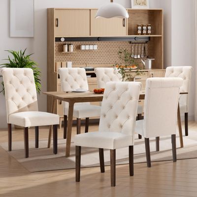 Homixis Dining Chairs Set of 6, Button Tufted Parsons Upholstered Chairs with Solid Wood Legs, Mordern Fabric Kitchen Chairs for Dining Room, Beige