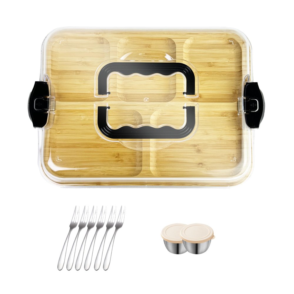 1511" Charcuterie Boards with Lid, Bamboo Cheese Board Cutting Boards with Locking Clear Cover, Portable Serving Tray - 5 Compartments for Kitchen, Picnic, Party, Housewarming, Wedding Gift