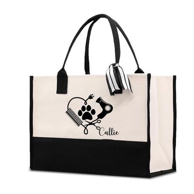 Custom Pet Salon Canvas Tote Bag, Large Tote Bags for Women, Personalized Reusable Grocery Bags with Name Ribbon, Black Shopping Bag with Handles, Birthday Gifts for Mom Friends Pet Groomer Lovers 14