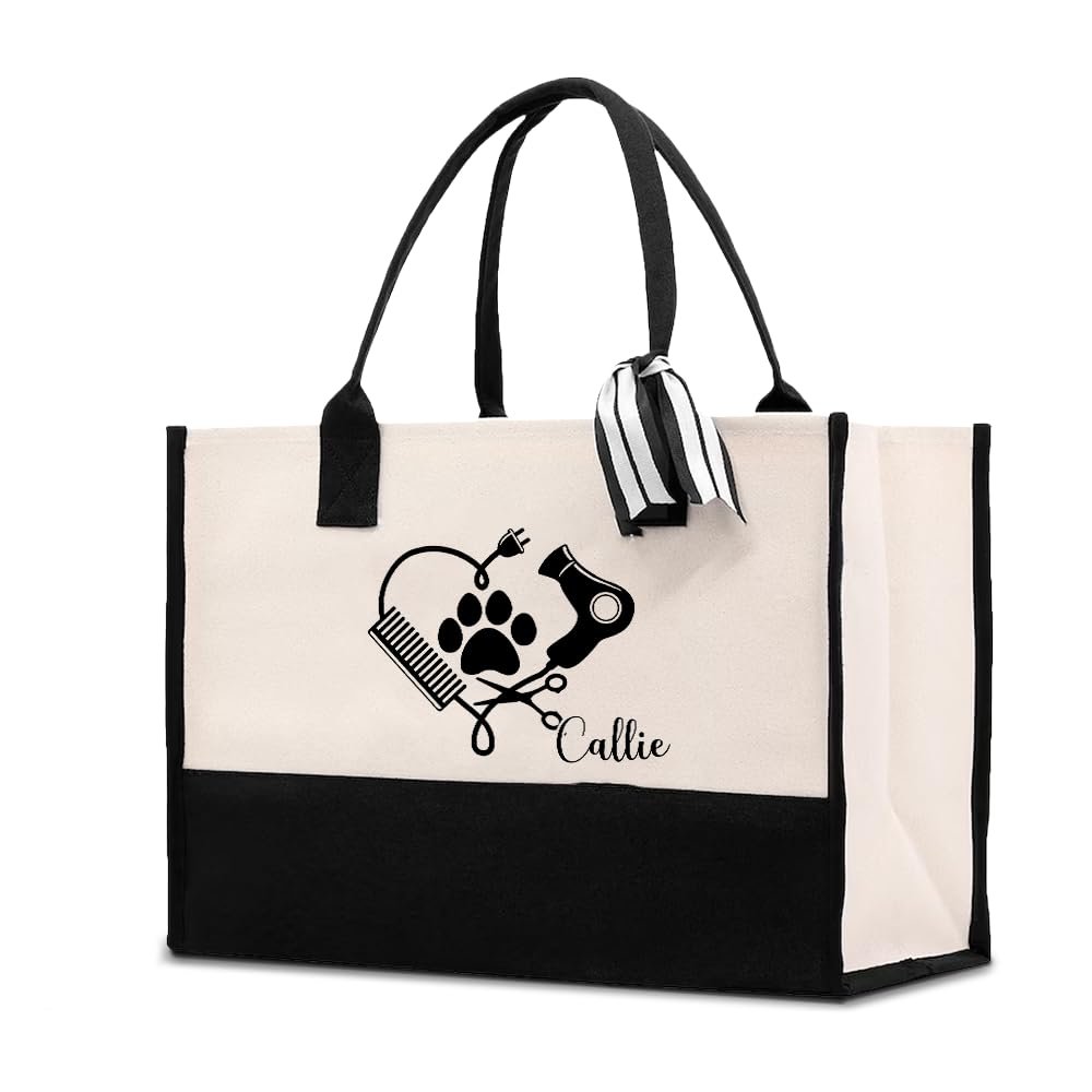 Custom Pet Salon Canvas Tote Bag, Large Tote Bags for Women, Personalized Reusable Grocery Bags with Name Ribbon, Black Shopping Bag with Handles, Birthday Gifts for Mom Friends Pet Groomer Lovers 14