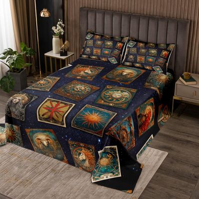 Homewish Constellation Bedspread King Size,Golden Green Western Style Quilt Set with 2 Pillowcases,Starry Galaxy Dark Blue Black Microfiber Coverlet Set for Children Adult,Breathable