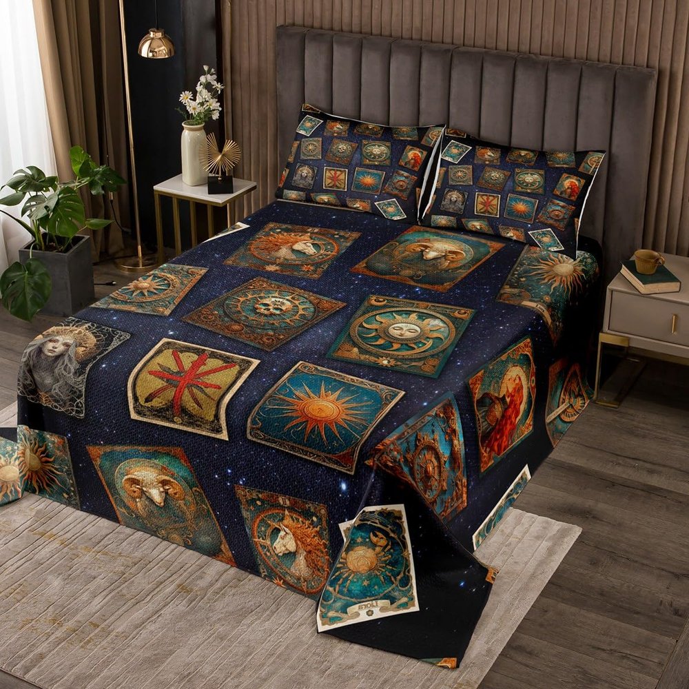 Homewish Constellation Bedspread King Size,Golden Green Western Style Quilt Set with 2 Pillowcases,Starry Galaxy Dark Blue Black Microfiber Coverlet Set for Children Adult,Breathable