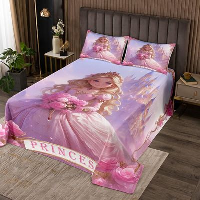 Homewish Pink Princess Bedspread King Size,Dreamy Castle Girly Purple Quilt Set with 2 Pillowcases,Fairy Tale Garden Floral Fantasy Microfiber Coverlet Set for Children Adult,Breathable