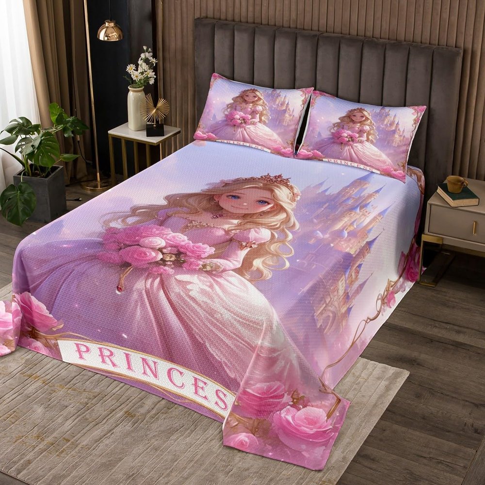 Homewish Pink Princess Bedspread King Size,Dreamy Castle Girly Purple Quilt Set with 2 Pillowcases,Fairy Tale Garden Floral Fantasy Microfiber Coverlet Set for Children Adult,Breathable