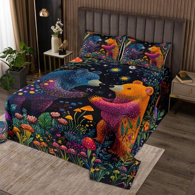 Homewish Bear Print Bedspread for Kids Boys,Wild Animal Groovy Art Painting Coverlet Set Bedroom Decor Soft Quilted,Watercolor Mushroom Floral Plant Quilt Set with 1 Pillow Sham, Twin Size