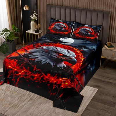 Homewish Eagle Print Bedspread King Size,Wild Animal Chain Nature Trees Quilt Set with 2 Pillowcases,Fire Red Flame Pattern Black Microfiber Coverlet Set for Children Adult,Breathable