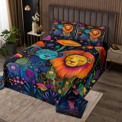 Homewish Lion Print Bedspread King Size,Groovy African Tropical Wildlife Quilt Set with 2 Pillowcases,Colorful Mushroom Floral Plant Microfiber Coverlet Set for Children Adult,Breathable